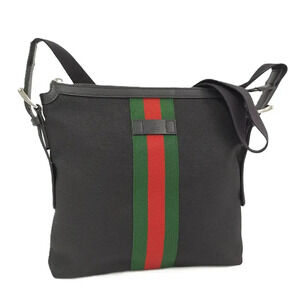 Gucci Web Stripe Tessuto Leather Crossbody Messenger Bag Black